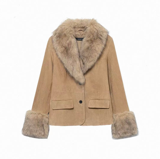 Camel Jacke mit Fellbesatz